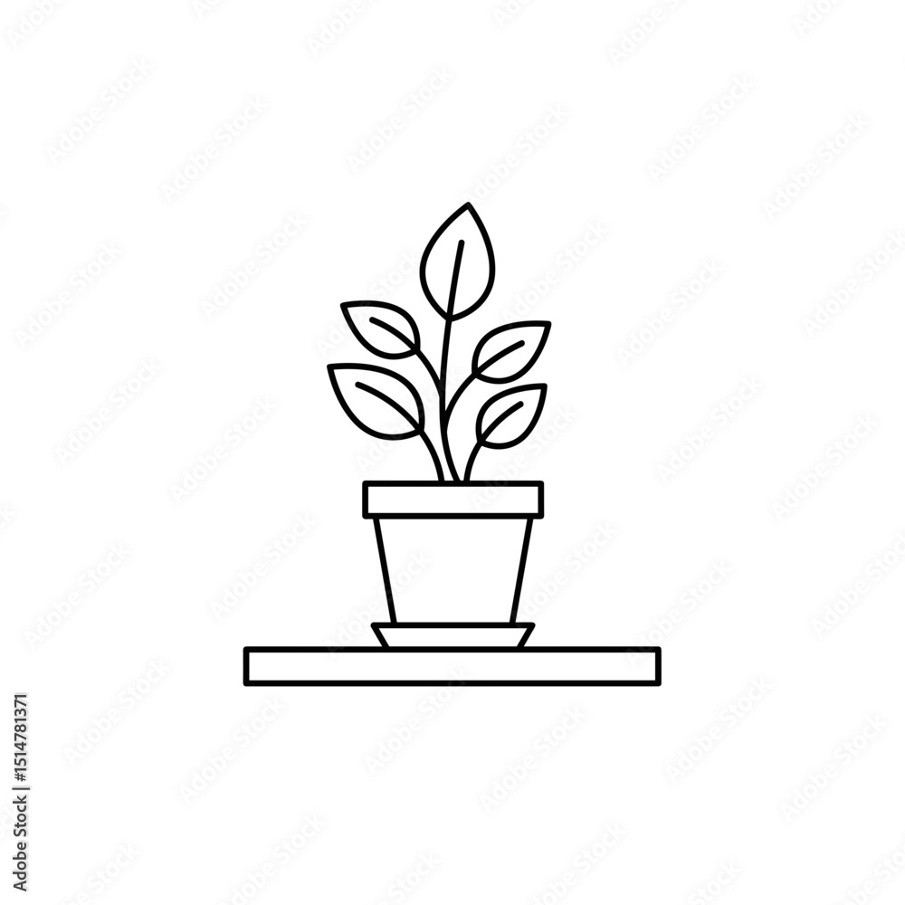 Potted plant with leaves on shelf in minimal line art style Potted plant with leaves on shelf in minimal line art style