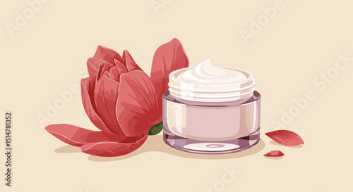 Moisturizing cream jar with pink flower and petals on beige background,  for the cosmetic industry