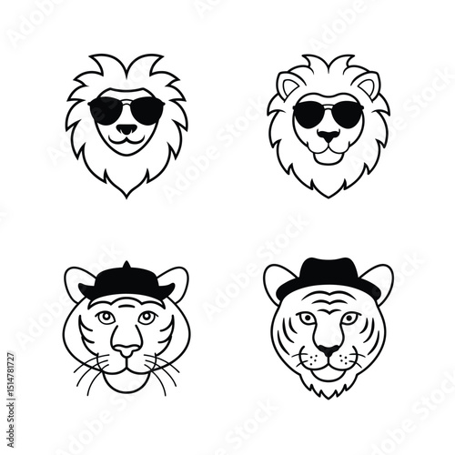 Tiger and lion head bundle with powerful look in line art style vector illustration