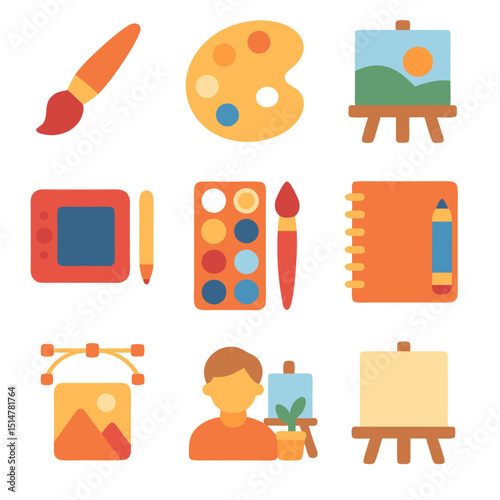 nine art tool set icons. include paint brush, color palette, canvas painting, drawing tablet, watercolor paints, sketchbook pencil, graphic design, artist studio, canvas board.
