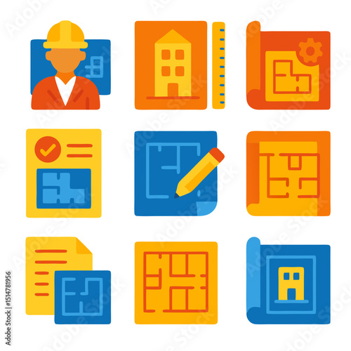nine building blueprint icons. include architectural design, construction plan, engineering project, development proposal, blueprint drawing, building layout, technical specifications, and more.