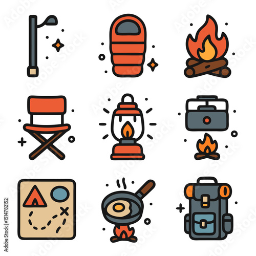 nine camp set-up icons. include tent pole, sleeping bag, campfire pit, camp chair, lantern light, cooking stove, campsite layout, outdoor cooking, camping gear
