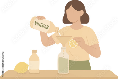 Illustration of a woman making a natural cleaner using vinegar and lemon, promoting eco-friendly and sustainable home practices.