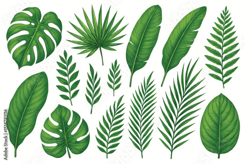 Collection of tropical green leaves on white background, showcasing various plant types and nature-inspired decorative botanical elements.