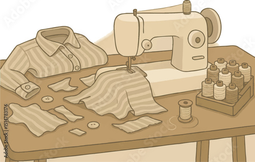Vintage-style sewing table with machine, striped shirt, threads, and fabric pieces, representing tailoring and handmade clothing.