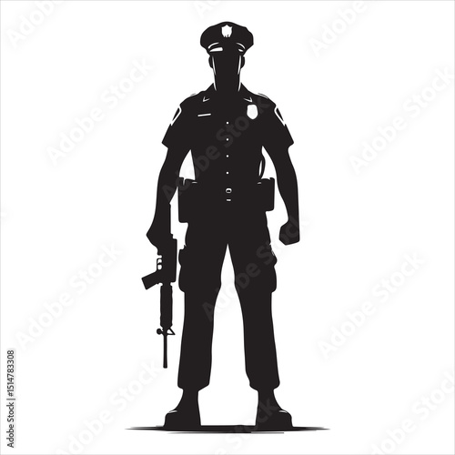 Police Officer in Action Silhouette - Defending Law and Order, black colour vactor 