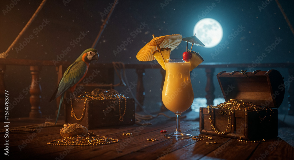 Naklejka premium A whimsical scene with a Pina Colada cocktail, parrot, treasure chests under the moonlight. A tropical pirate drink.