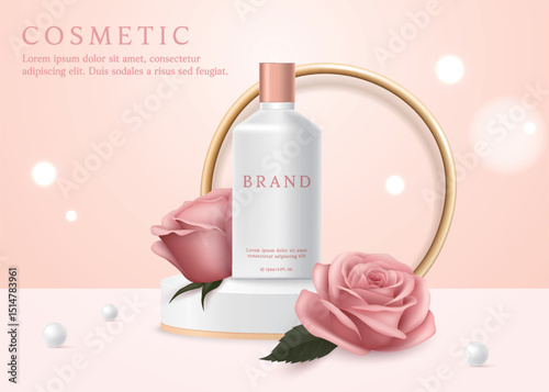 Cosmetic product ads template on pink background with rose and pearl.