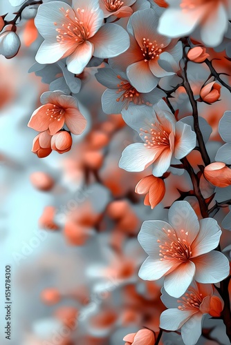 A stunning close-up of delicate cherry blossoms, featuring soft peach and muted gray hues. The intricate details of the petals evoke serenity and beauty in springtime.