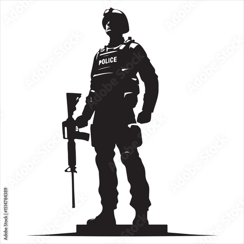 Police Officer in Action Silhouette - Defending Law and Order, black colour vactor 