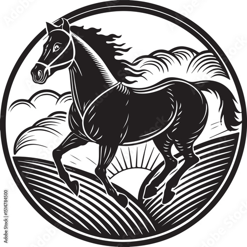 Black horse vector illustration with silhouette design and running wild mustang style