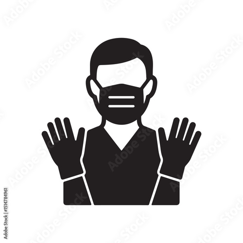 Illustration of a person wearing a mask and gloves with hands raised in a protective stance