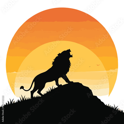 Silhouette of a wild lion on a vibrant orange sunset landscape