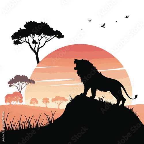 Dramatic silhouette of a wolf and lion in the sunset landscape, a wild animal illustration