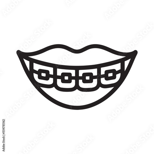 Outline illustration showcasing a mouth with teeth and braces for dental care and orthodontics