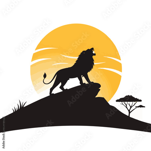 A solitary wolf howls at the moon, its silhouette stark against the vibrant orange sunset sky over a wild landscape