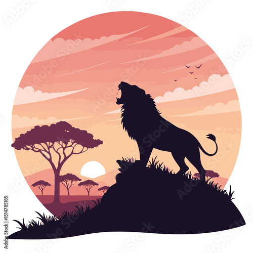 Black wolf and lion silhouettes stand against an orange sunset sky with a wild tree in the nature landscape