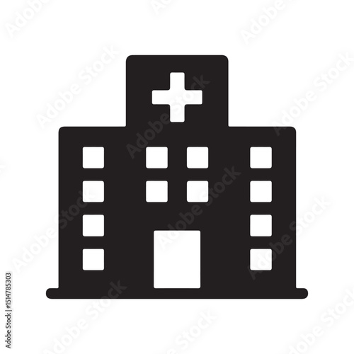 Illustration of a hospital building with a cross on top and multiple windows in black color scheme