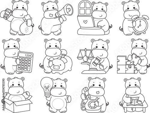 Outline of Cute hippo icon. Coloring page of Funny baby hippo animal series stock illustration. life of fluffy hippo designs.