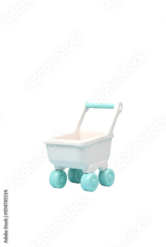 A 3D CARTOON illustration of lone, light blue and white shopping cart stands against a stark black backdrop, highlighting its simple yet functional design.