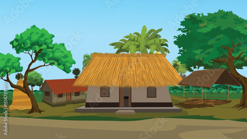 Indian Village Thatched Hut Vector | Rural Countryside Scene with Traditional Houses, Trees, Haystack, and Farmland | Cartoon Animation Background for Kids and Educational Projects