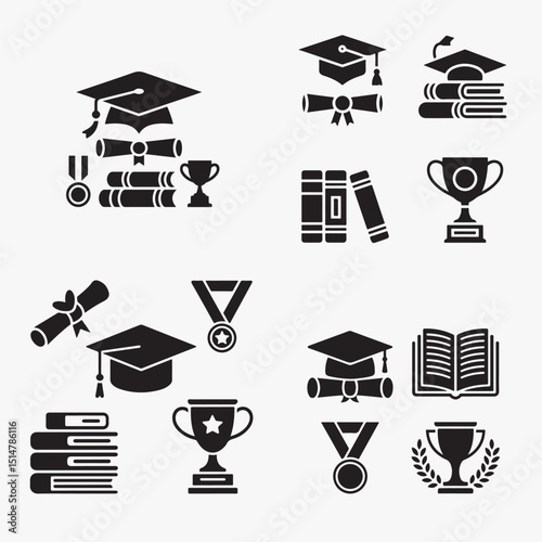 Graduation icons set featuring mortarboards robes diplomas books and stars in black and white
