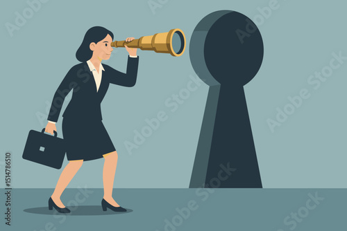 Businesswoman with telescope looks through keyhole discovering future opportunities. Corporate vision, strategy, goals, success. Metaphor for professional insight and market exploration.