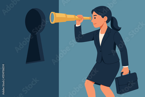 Businesswoman using telescope looks through keyhole. Concept of business vision, future opportunities, market research, strategic planning, finding solutions for success. Career foresight, insight.