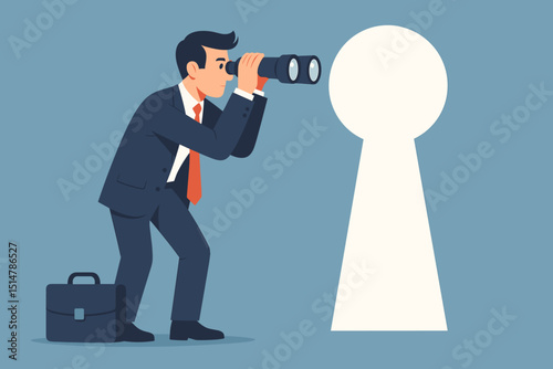 Businessman with binoculars looking through keyhole, seeking opportunity. Concept for business vision, future success, career path, strategic planning, market discovery, finding solutions.