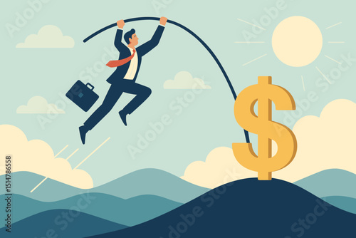 Businessman character pole vaulting towards golden dollar sign. Financial success metaphor, achieving targets, career growth, investment strategy. Overcoming challenges for profit.