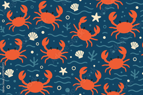 Cute red crab seamless pattern, textured flat design. Nautical marine life background, ocean animals, starfish, seashells, seaweed on dark blue. Vector for fabric, kids, summer, wallpaper.