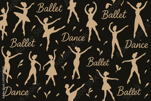 Craft Paper Ballet Dancers Seamless Pattern. Silhouette Ballerinas. Graceful Classical Dance Poses with Ballet & Dance Text. Elegant Typography. Beige on Black. Fabric, Wallpaper.