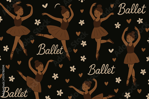 Seamless pattern ballet dancers vector. Young girls ballerina characters in classic dance poses. Cute illustration with flowers hearts. Kids textile print wallpaper background design.