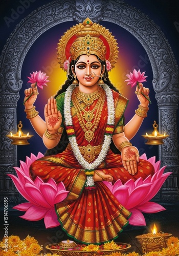 Illustration Hindu Goddess Laxmi with Lotus Flowers on Arch Background
