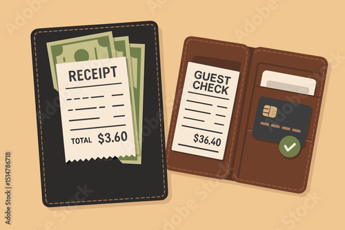 Vector illustration of restaurant bill payment. Guest check in folder with credit card, confirmed payment. Separate folder shows cash payment receipt. Dining expenses, finance, tipping concept.