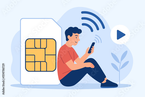 Mobile connectivity concept: Man with smartphone, large SIM card symbol. Wireless internet, data streaming, communication technology. Online media, digital lifestyle, cellular network vector.
