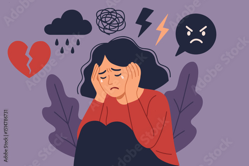 Heartbreak emotional turmoil. Sad woman crying, depression, anxiety concept. Mental health crisis. Unhappy girl, broken heart, negative thoughts, stress, grief, despair, psychological pain.