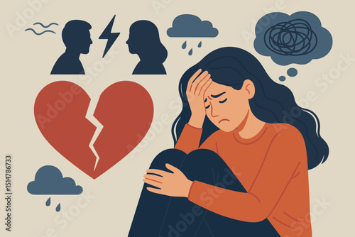 Heartbreak and emotional turmoil concept. Sad woman illustration experiencing depression, grief, anxiety from relationship problems. Broken heart, conflict, loneliness, mental health vector.