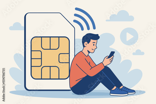 Young man using smartphone with giant SIM card. Mobile communication, wireless technology, internet connectivity concept. Cellular network, data plan, digital lifestyle. Vector illustration.