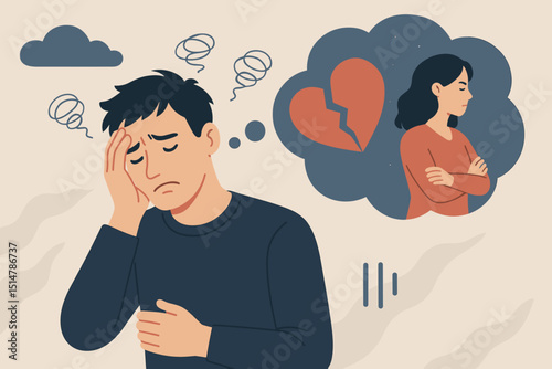 Sad man experiencing heartache broken heart after breakup. Relationship problem, grief, despair, stress, depression. Woman in thought bubble. Mental health concept vector illustration.