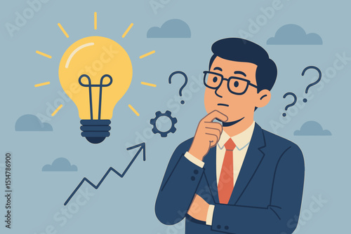 Creative business idea. Businessman thinking. Brainstorming solutions. Lightbulb innovation concept. Question mark problem analysis. Gear process. Growth arrow strategy. Startup success. Vector.