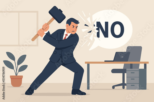 Angry businessman smashing 'NO' speech bubble with sledgehammer. Frustrated professional breaking communication barrier. Office worker fighting rejection, overcoming workplace negativity and denial.