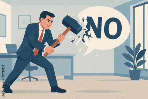 Determined businessman smashes 'NO' speech bubble with sledgehammer, breaking barriers. Overcoming workplace rejection, negativity. Assertiveness, power to challenge obstacles. Office concept.