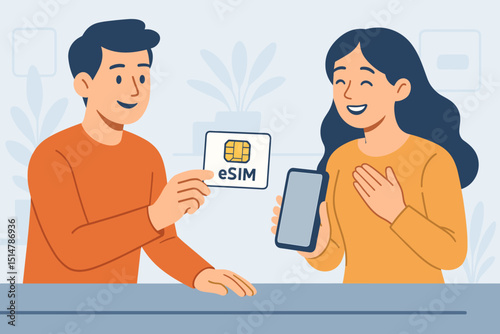 Happy customer receiving eSIM card for smartphone. Man presenting new digital SIM technology to smiling woman. Modern mobile communication service, innovation, and connectivity concept.
