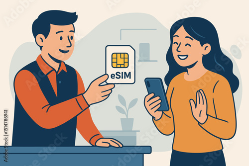 eSIM technology for mobile user. Customer satisfaction with new embedded SIM card. Happy woman with smartphone receiving digital chip from store assistant. Modern communication service. Upgrade.