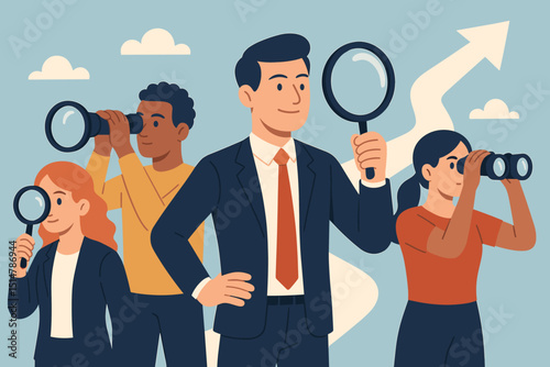 Leadership vision. Diverse business team exploring future. Strategy. Growth. Discovery with magnifying glass, binoculars. Upward arrow success. Progress concept. Teamwork. Investigation.
