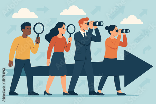 Diverse business team exploring leadership vision with binoculars and magnifying glass on arrow. Strategy, future, growth, teamwork concept. Opportunity, direction, progress. Flat vector.