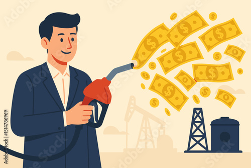 Profitable fuel business concept. Businessman holding gas nozzle dispensing dollar bills. Oil rig, petroleum industry, energy prices, investment, wealth, financial success, vector.