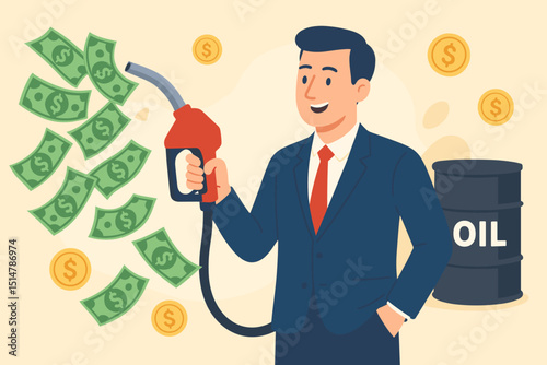 Smiling businessman with oil barrel, profitable fuel business concept. Gas nozzle spewing money, dollar bills. Petroleum industry investment, energy sector wealth, financial success vector.
