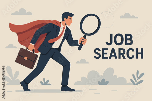 Superhero job seeker with magnifying glass and briefcase. Determined businessman in cape actively searching for career opportunity, employment, and new vacancy. Recruitment and hiring concept.
